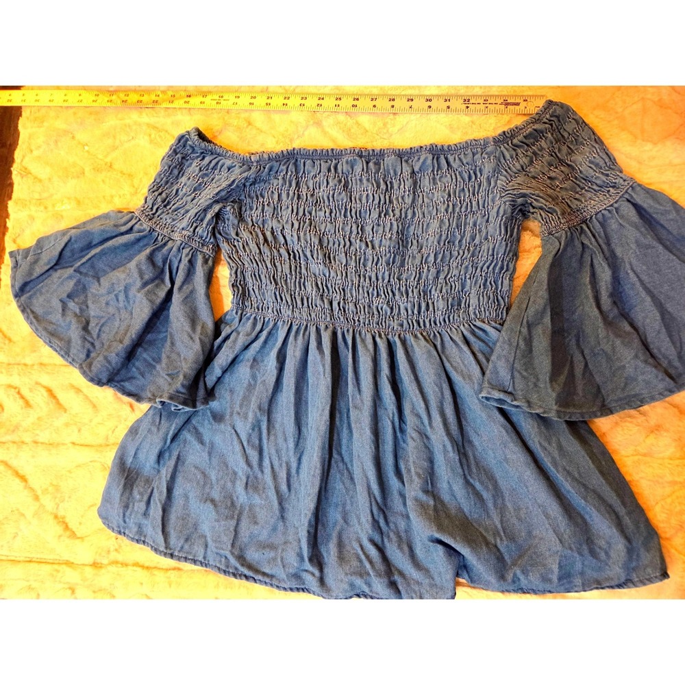 Vintage Taxi Denim Off The Shoulder Smockd Bell Sleeve Top 1X Blue Cotton Blouse